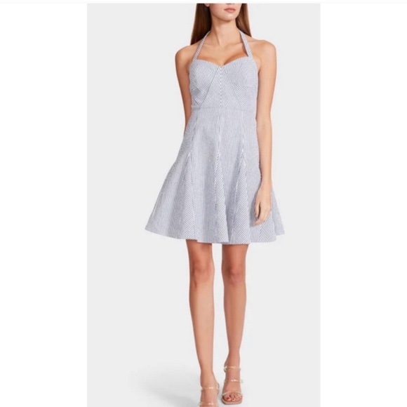 Betsey Johnson striped blue and white seersucker halter mini dress (L) - Picture 2 of 6